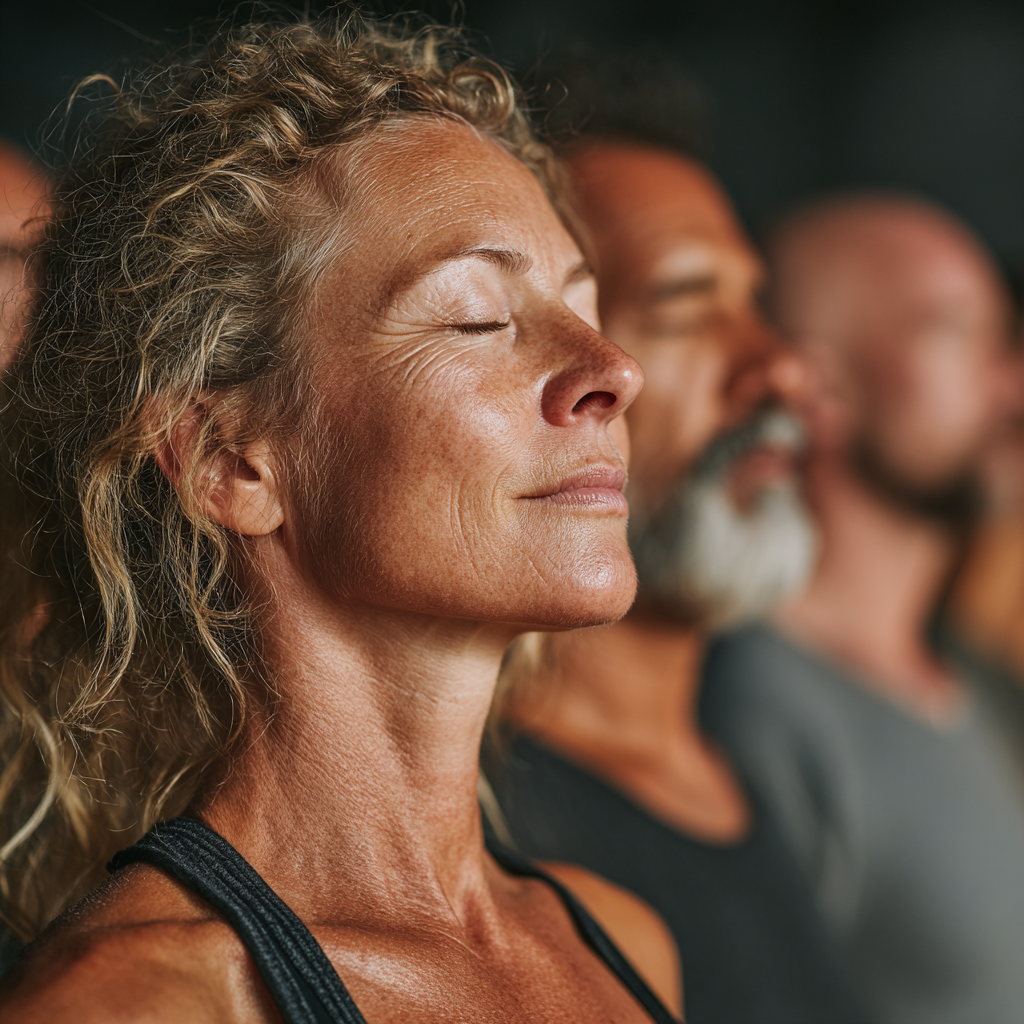 Diverse group of people aged 45-55 in yoga class, peaceful and focused expressions, natural studio lighting
