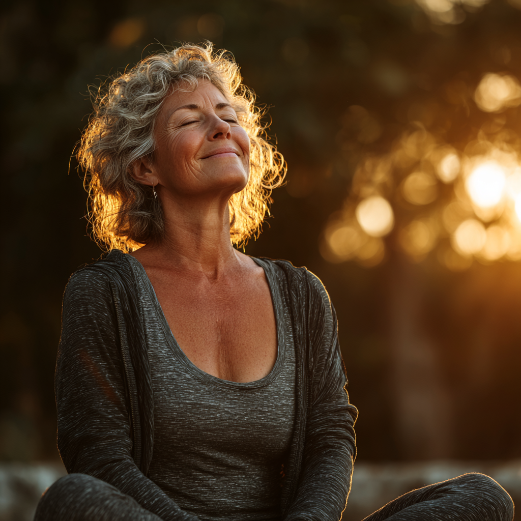 Happy mature woman in yoga pose outdoors, radiant smile, peaceful natural background setting