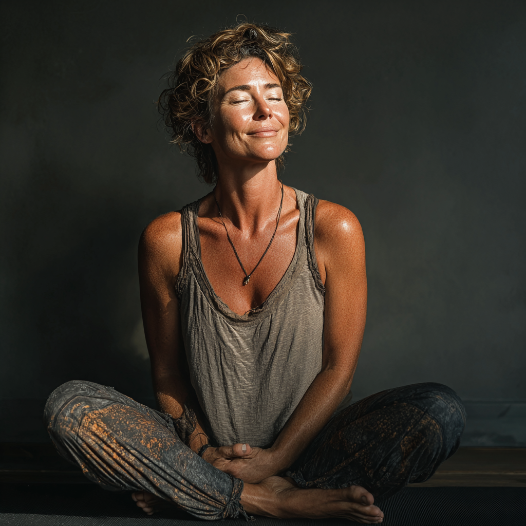 Middle-aged woman in comfortable yoga pose on mat, peaceful expression, natural lighting in studio setting